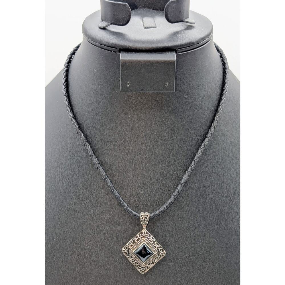 VTG 925 Sterling Silver Black Onyx Filigree Pendant Braided Leather 17" Necklace